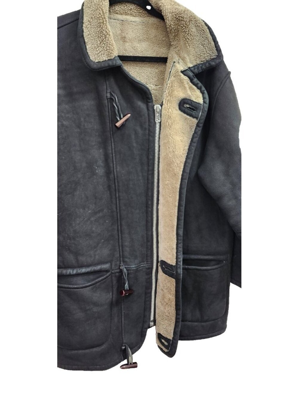 Vintage Suede Shearling Jacket Unisex L Black Sheepskin Coat MADISKIN - Picture 5 of 13